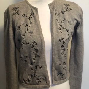 Open grey sweater/cover-up with flowers embro…